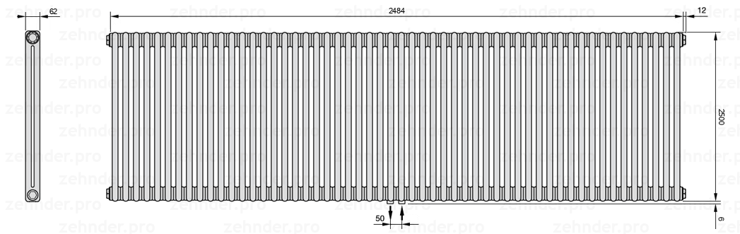 Схема (чертеж) Радиатор Zehnder Charleston 2250/54 №5410 Белый глянцевый RAL 9016